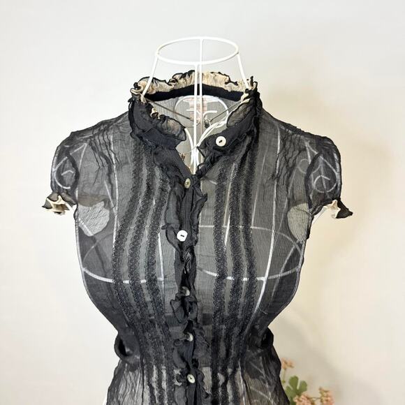 Gorgeous vintage y2k black and tan silk ruffle button up fitted babydoll - Picture 3 of 6